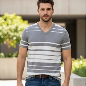 Armani Exchange Gray Striped V-Neck T-Shirt